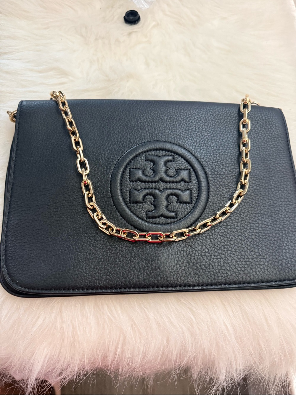 Tory Burch Black Pebbled Leather Chain Crossbody with Gold Hardware